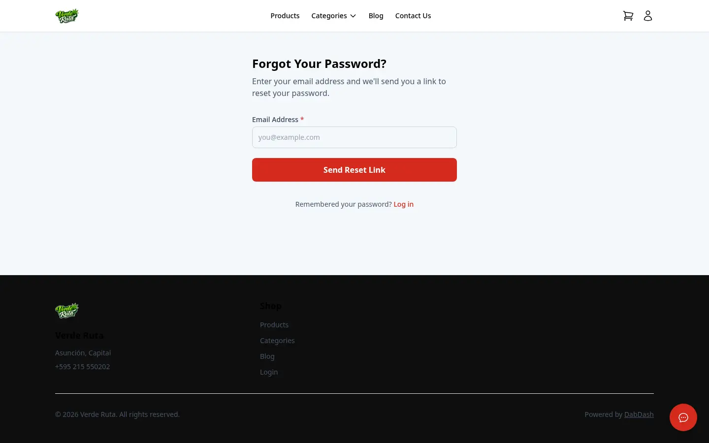 DabDash forgot password page with email input and reset link button