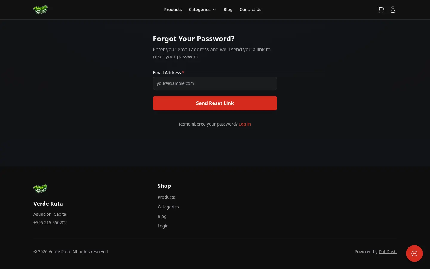 DabDash forgot password page with email input and reset link button
