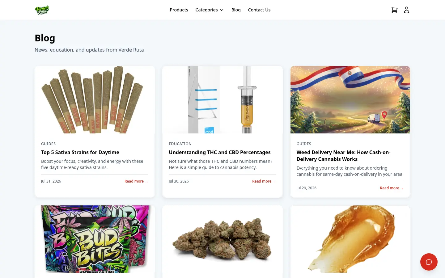 DabDash storefront blog page showing article cards and featured content