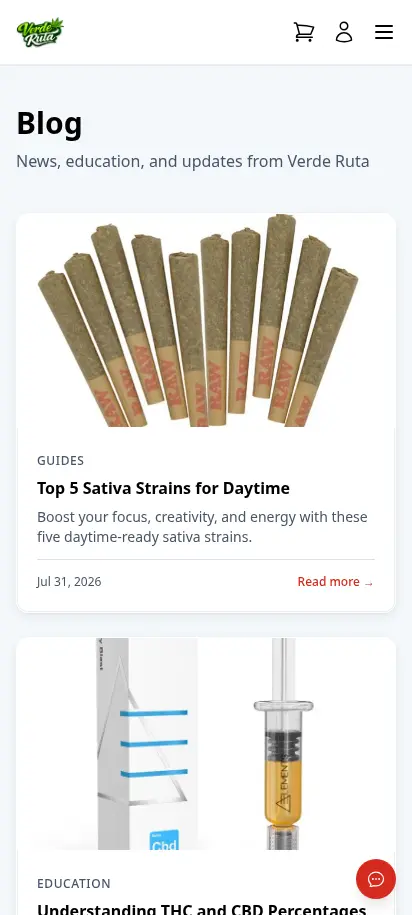 DabDash storefront blog page showing article cards and featured content — mobile view