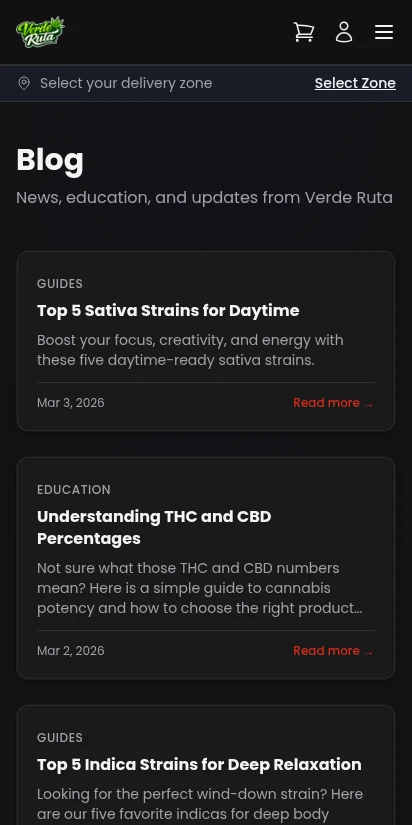 DabDash storefront blog listing with article cards — mobile view