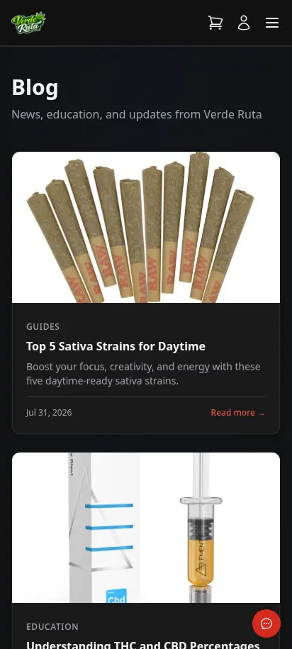 DabDash storefront blog page showing article cards and featured content — mobile view