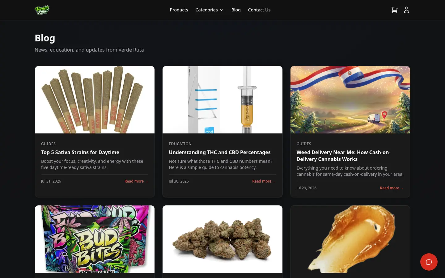 DabDash storefront blog page showing article cards and featured content