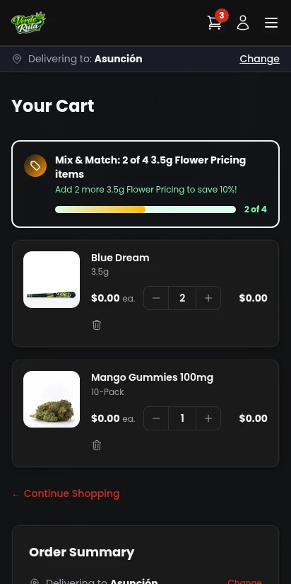 DabDash shopping cart with products, quantities, and subtotal — mobile view