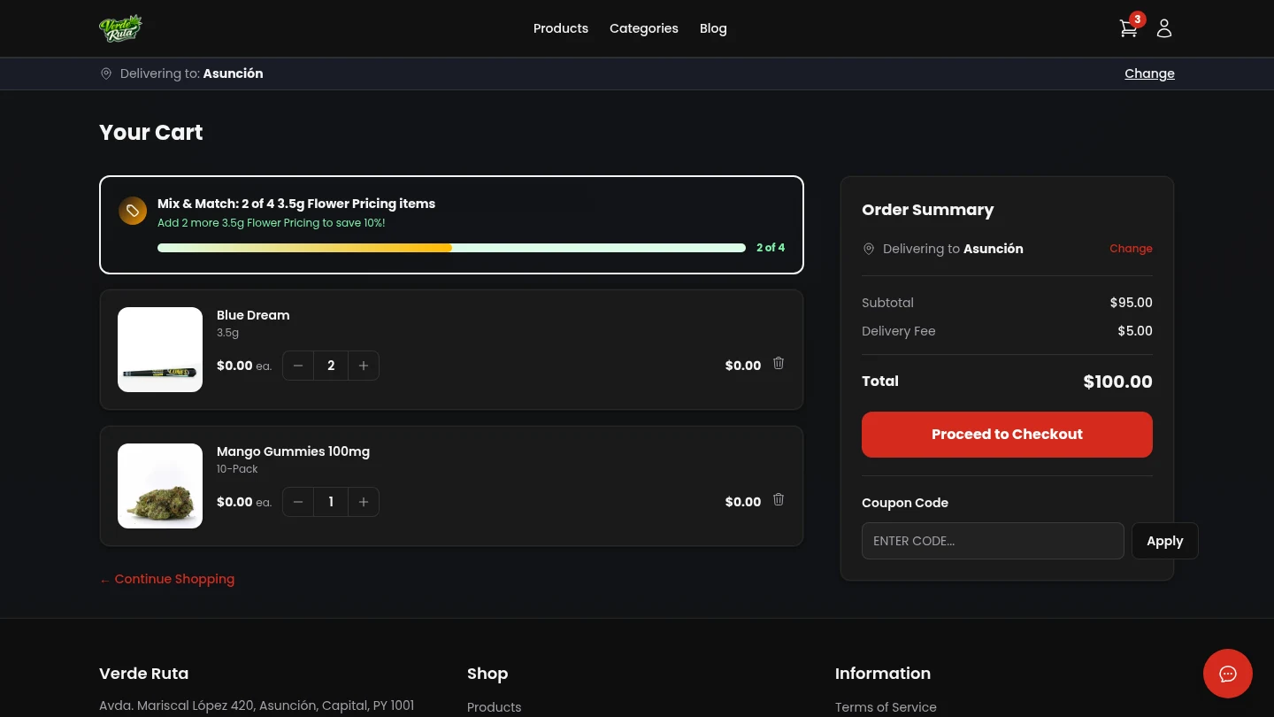 DabDash shopping cart with products, quantities, and subtotal