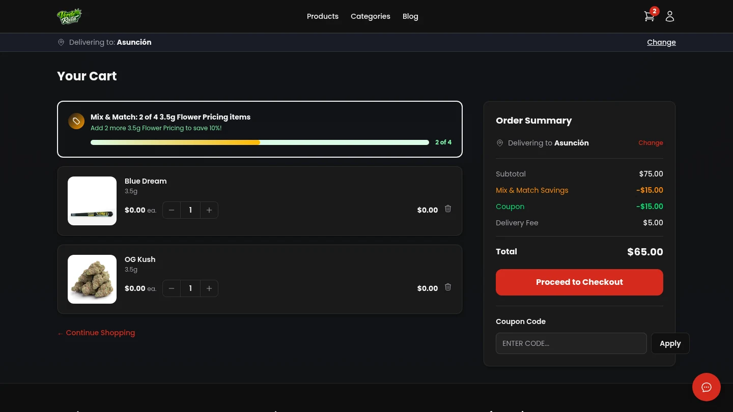 DabDash cart with coupon code applied showing discount