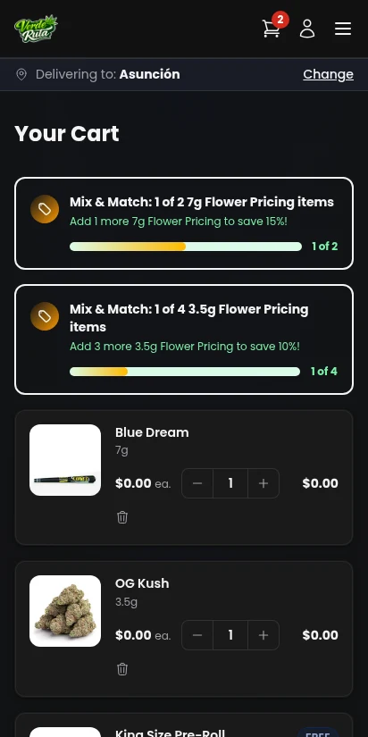 DabDash cart with automatic freebie reward added — mobile view