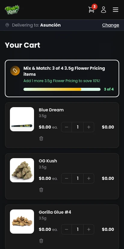 DabDash cart showing mix and match progress bar at 75 percent nudging customer to add one more item — mobile view