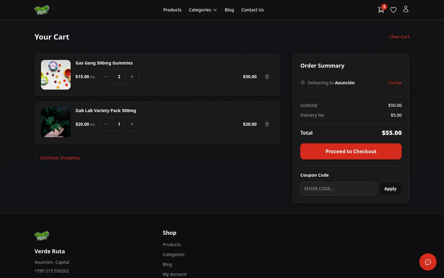 DabDash cart showing products, delivery address entry form, order summary, and coupon code input