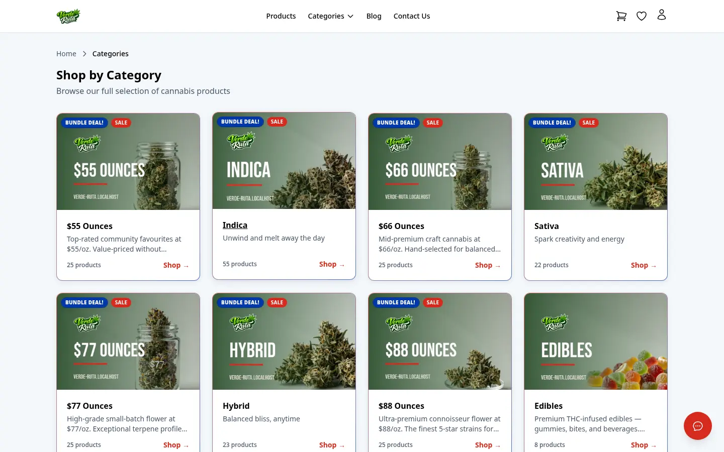 DabDash storefront categories page showing product counts and category cards