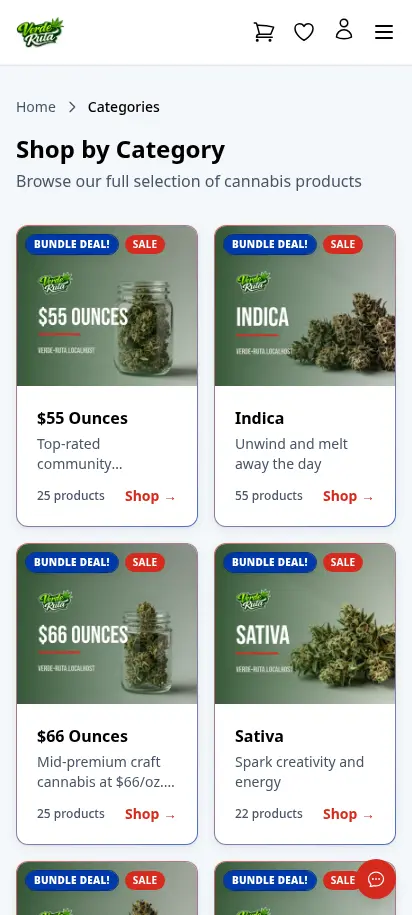 DabDash storefront categories page showing product counts and category cards — mobile view