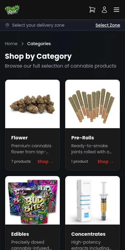 DabDash storefront category listing with product counts — mobile view
