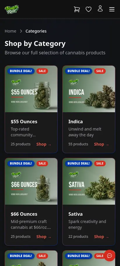 DabDash storefront categories page showing product counts and category cards — mobile view