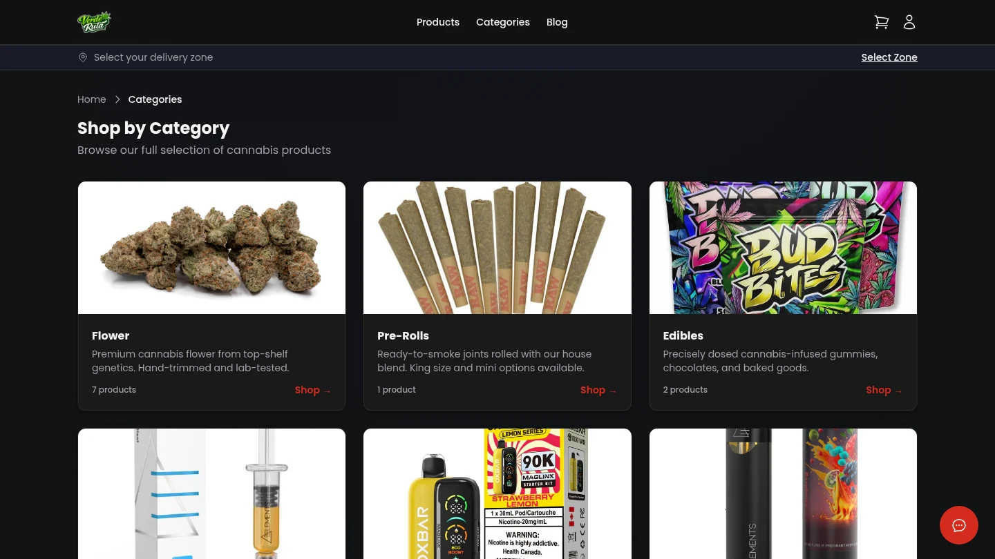 DabDash storefront category listing with product counts