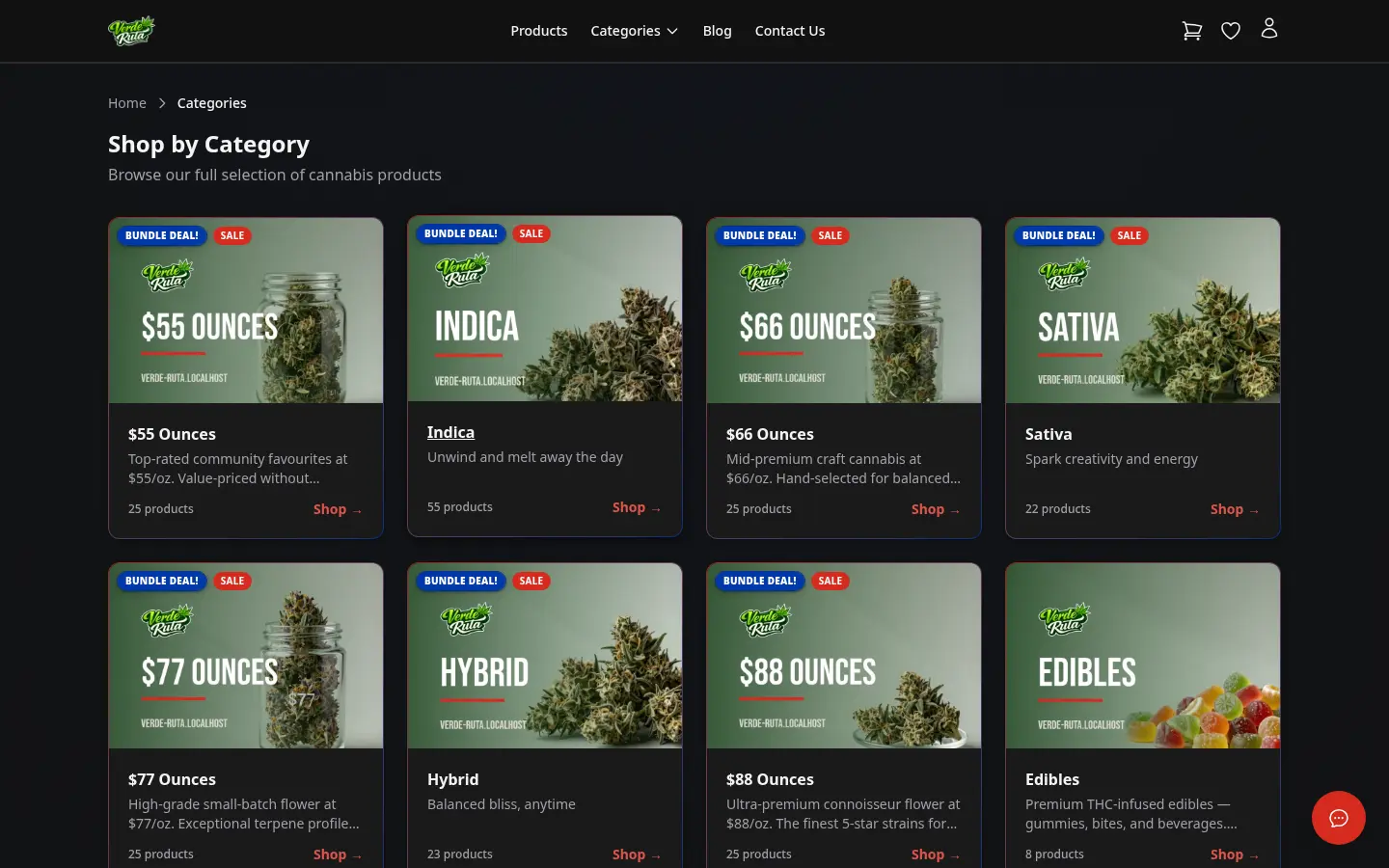 DabDash storefront categories page showing product counts and category cards