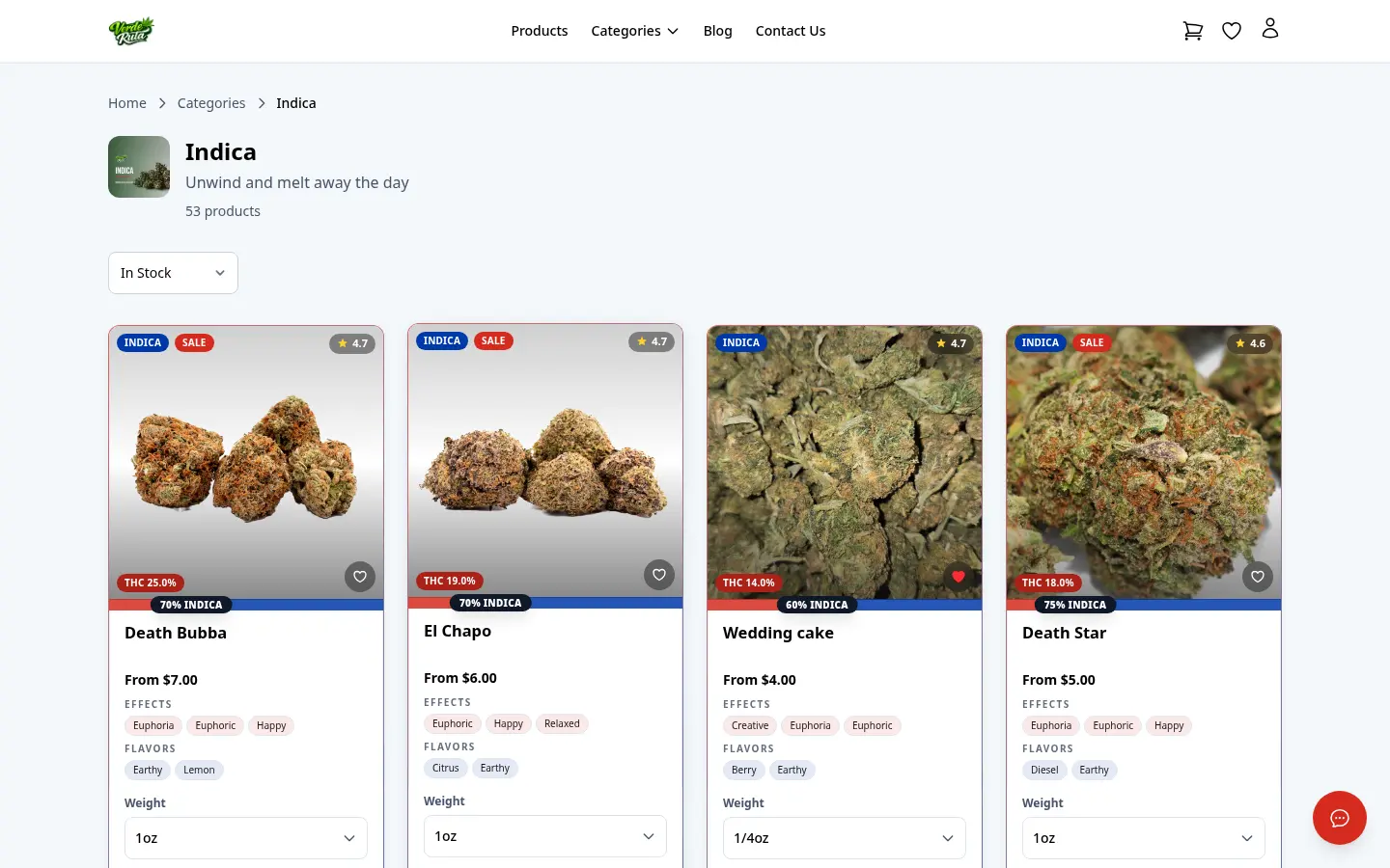 DabDash flower category page showing rich product cards with prices and strain details