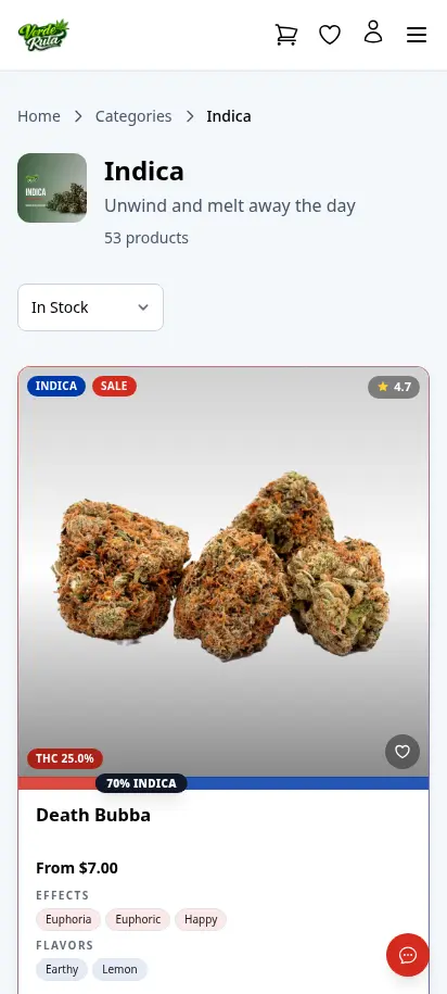 DabDash flower category page showing rich product cards with prices and strain details — mobile view