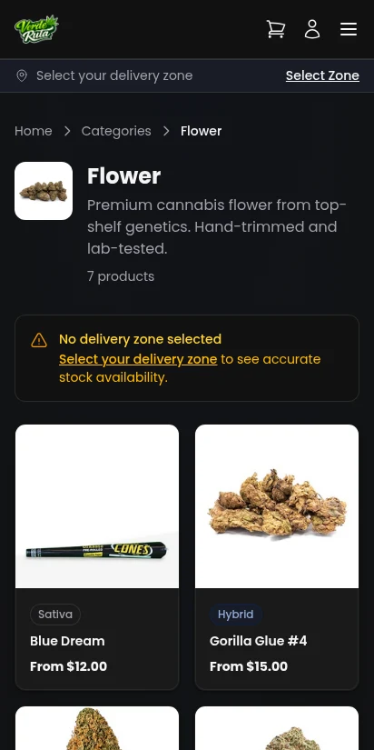 DabDash storefront flower category showing filtered products — mobile view