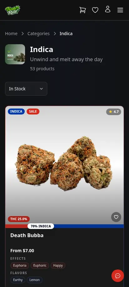 DabDash flower category page showing rich product cards with prices and strain details — mobile view