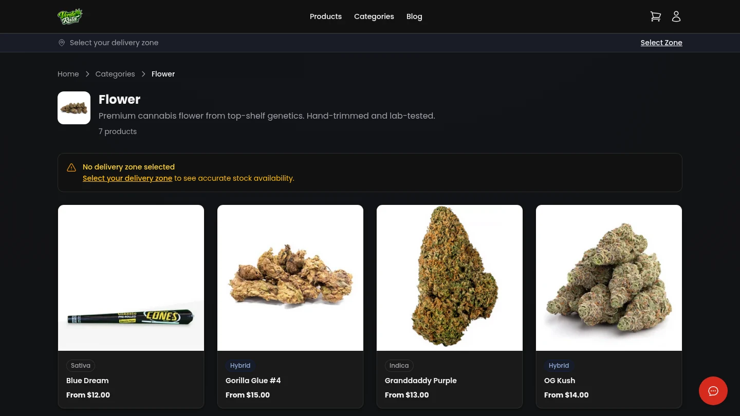 DabDash storefront flower category showing filtered products