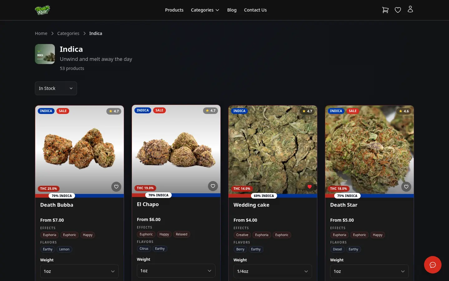 DabDash flower category page showing rich product cards with prices and strain details