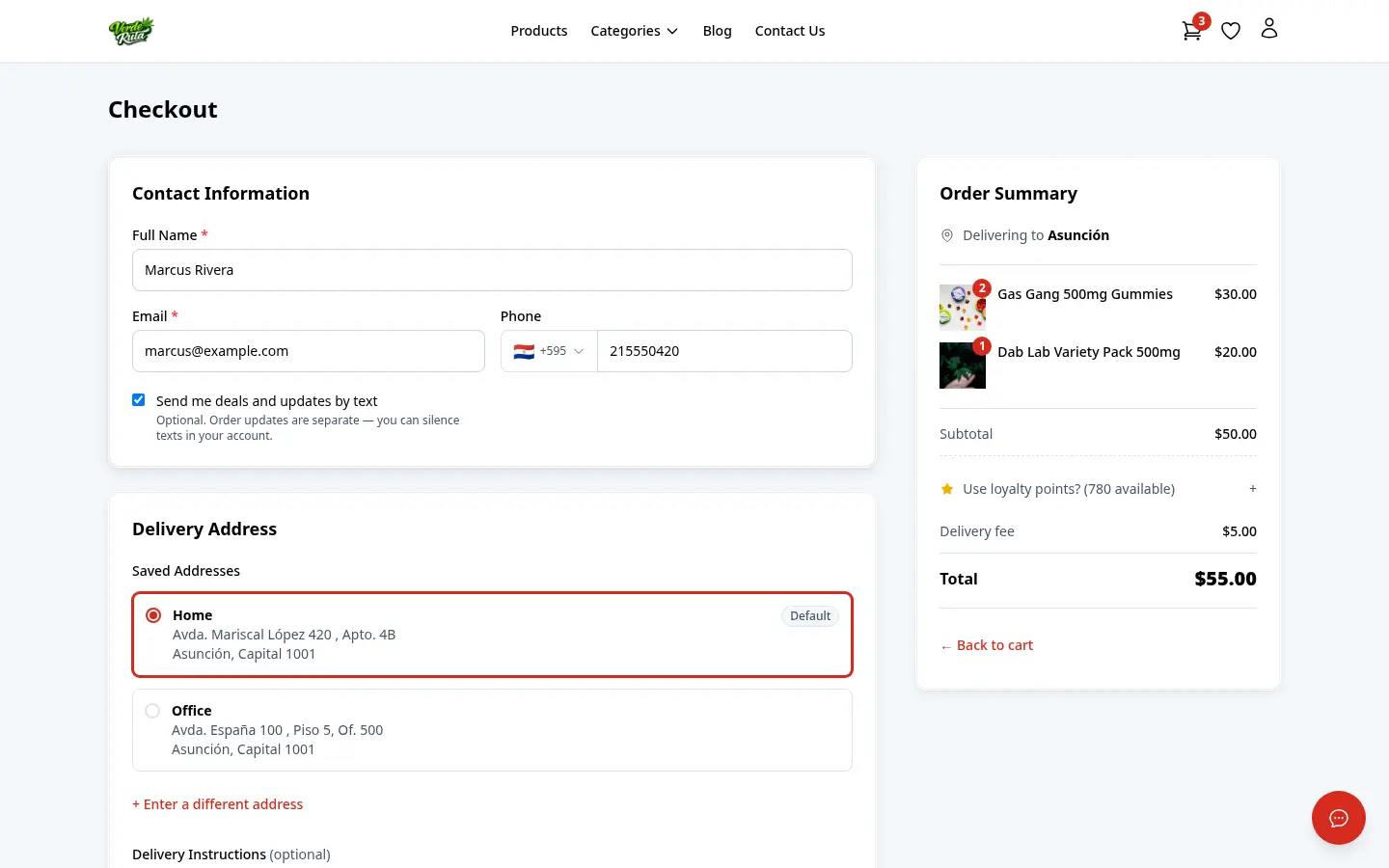 DabDash checkout page showing saved addresses, delivery time slot picker, and order summary