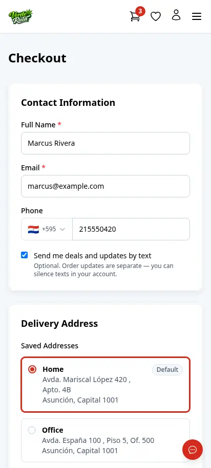 DabDash checkout page showing saved addresses, delivery time slot picker, and order summary