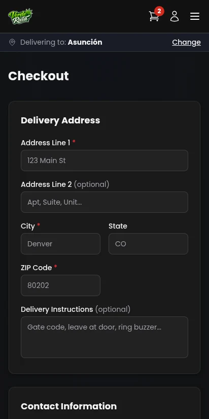 DabDash guest checkout form with delivery address and payment — mobile view