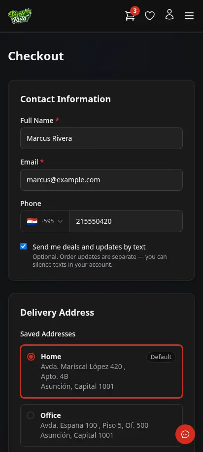 DabDash checkout page showing saved addresses, delivery time slot picker, and order summary