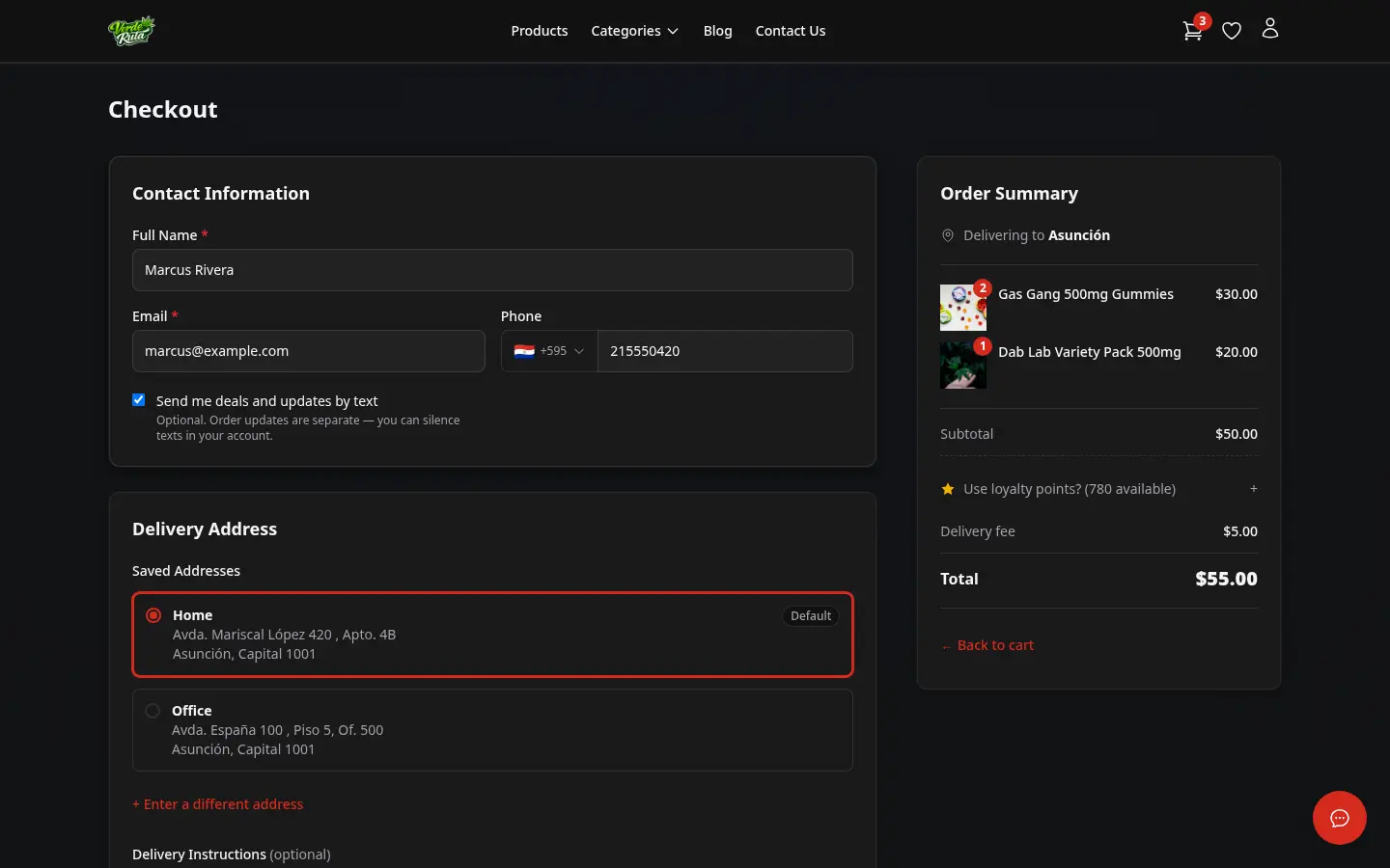 DabDash checkout page showing saved addresses, delivery time slot picker, and order summary