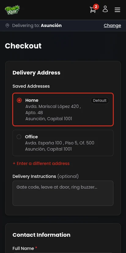 DabDash authenticated checkout with saved address and details — mobile view