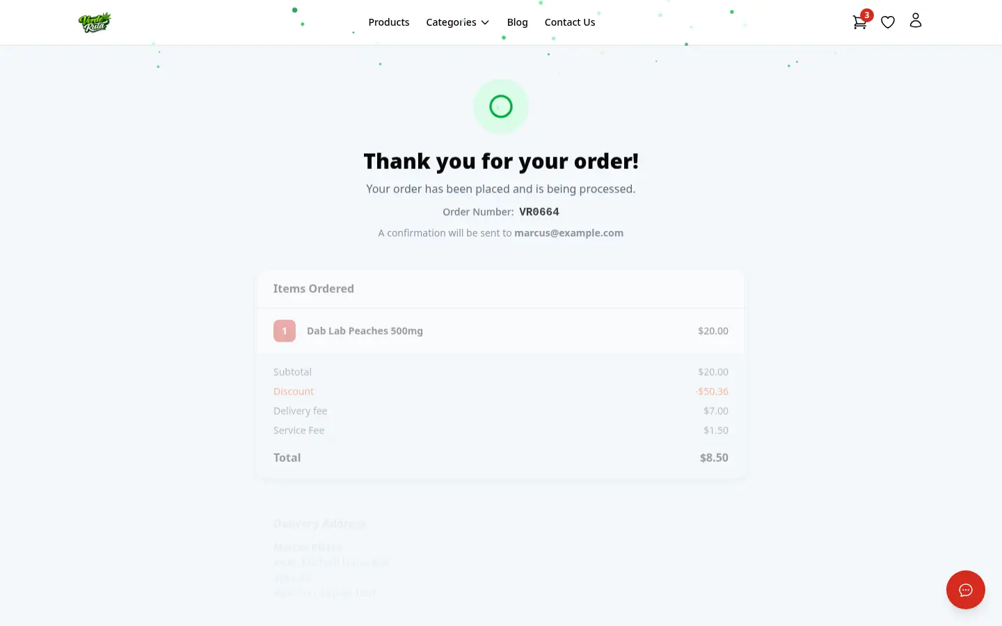 DabDash order confirmation page showing order number, items ordered, and total with confetti