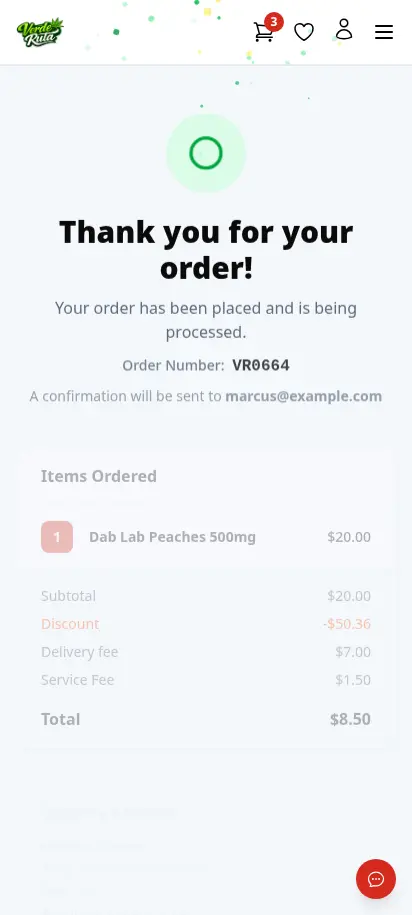 DabDash order confirmation page showing order number, items ordered, and total with confetti