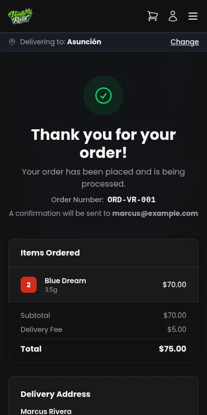 DabDash order confirmation page with order number and summary