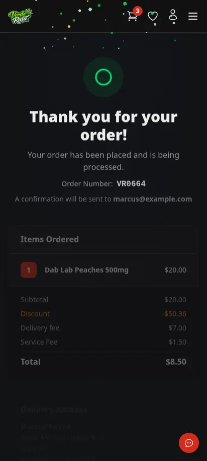 DabDash order confirmation page showing order number, items ordered, and total with confetti