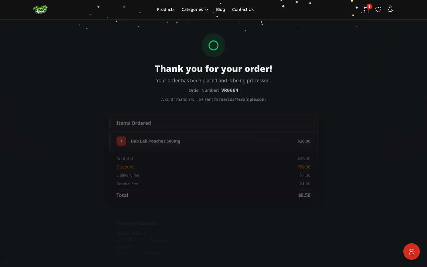 DabDash order confirmation page showing order number, items ordered, and total with confetti