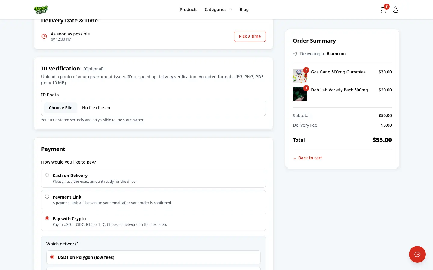 The checkout page showing a Pay with Crypto option and a list of supported networks to choose from
