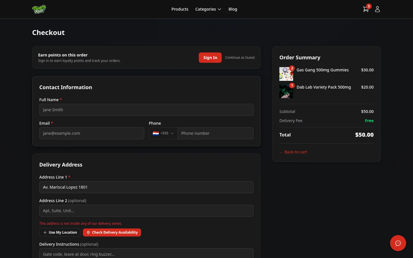 DabDash cannabis delivery checkout page showing simple cash on delivery order confirmation flow