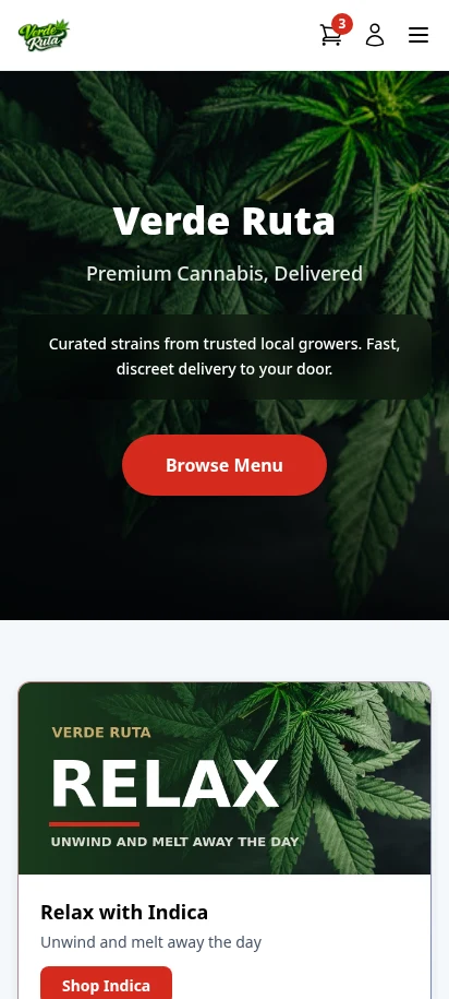DabDash branded cannabis storefront on mobile — light mode, showing clean shop homepage with no competitor listings
