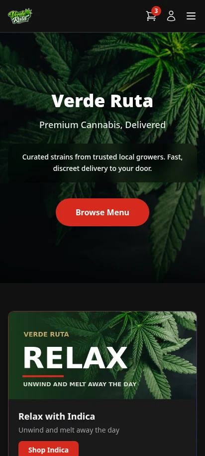 DabDash branded cannabis storefront on mobile — dark mode, fully branded private shop experience