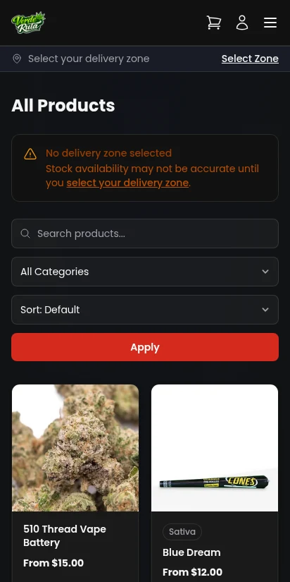 DabDash storefront product listing with filters and search — mobile view