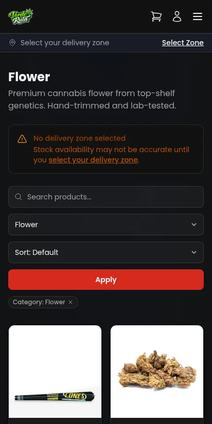 DabDash storefront product listing filtered to Flower category showing strain type badges and pricing — mobile view