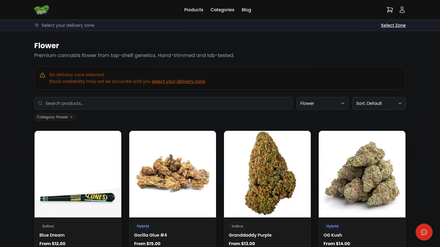 DabDash storefront product listing filtered to Flower category showing strain type badges and pricing