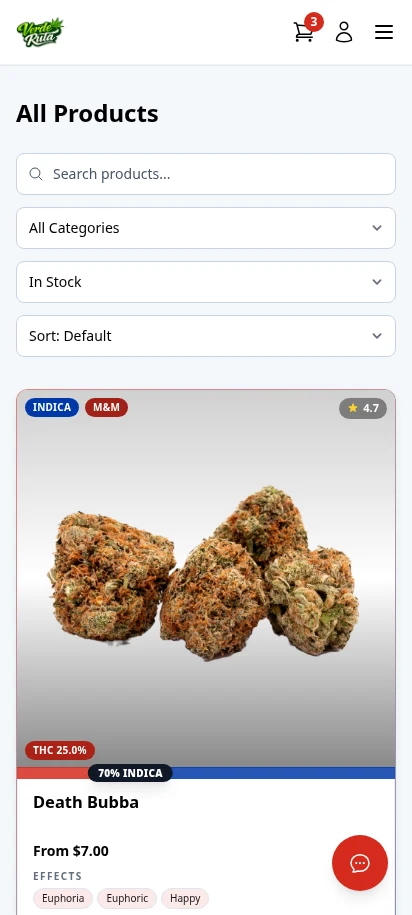 DabDash product catalog on mobile in light mode showing cannabis menu items ready for Google indexing
