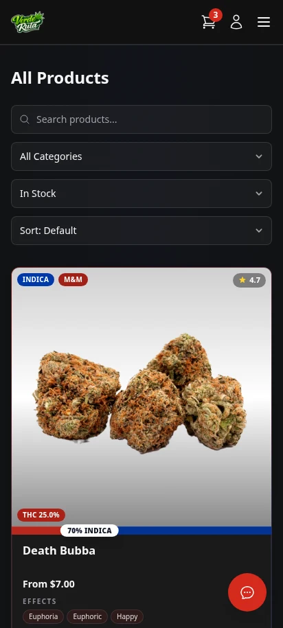 DabDash product catalog on mobile in dark mode showing cannabis menu items