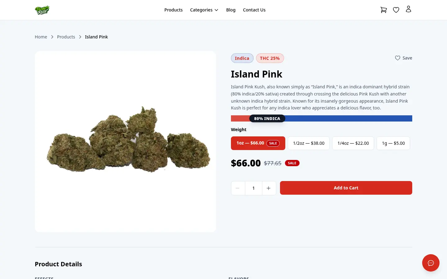 DabDash product detail page showing strain facts, variation picker, and product images