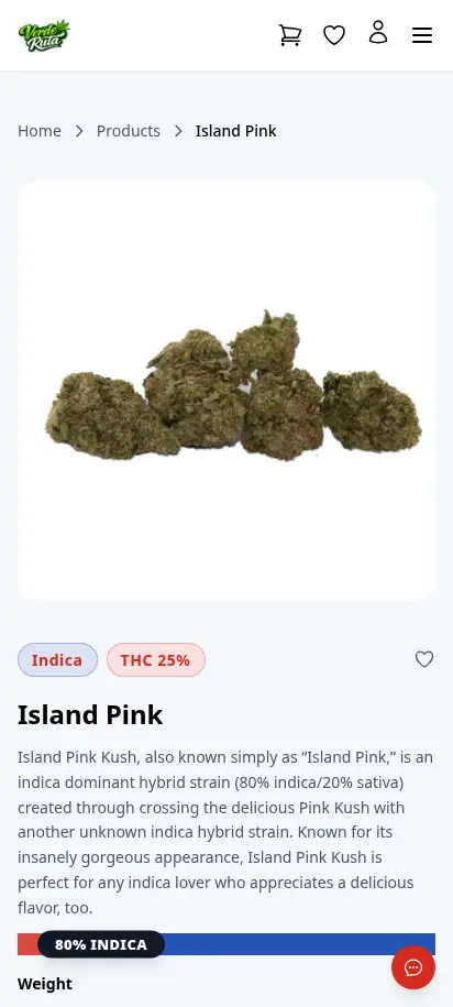 DabDash product detail page showing strain facts, variation picker, and product images — mobile view