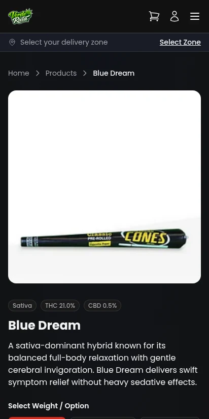 DabDash product detail page for Blue Dream with strain info and variation selector — mobile view