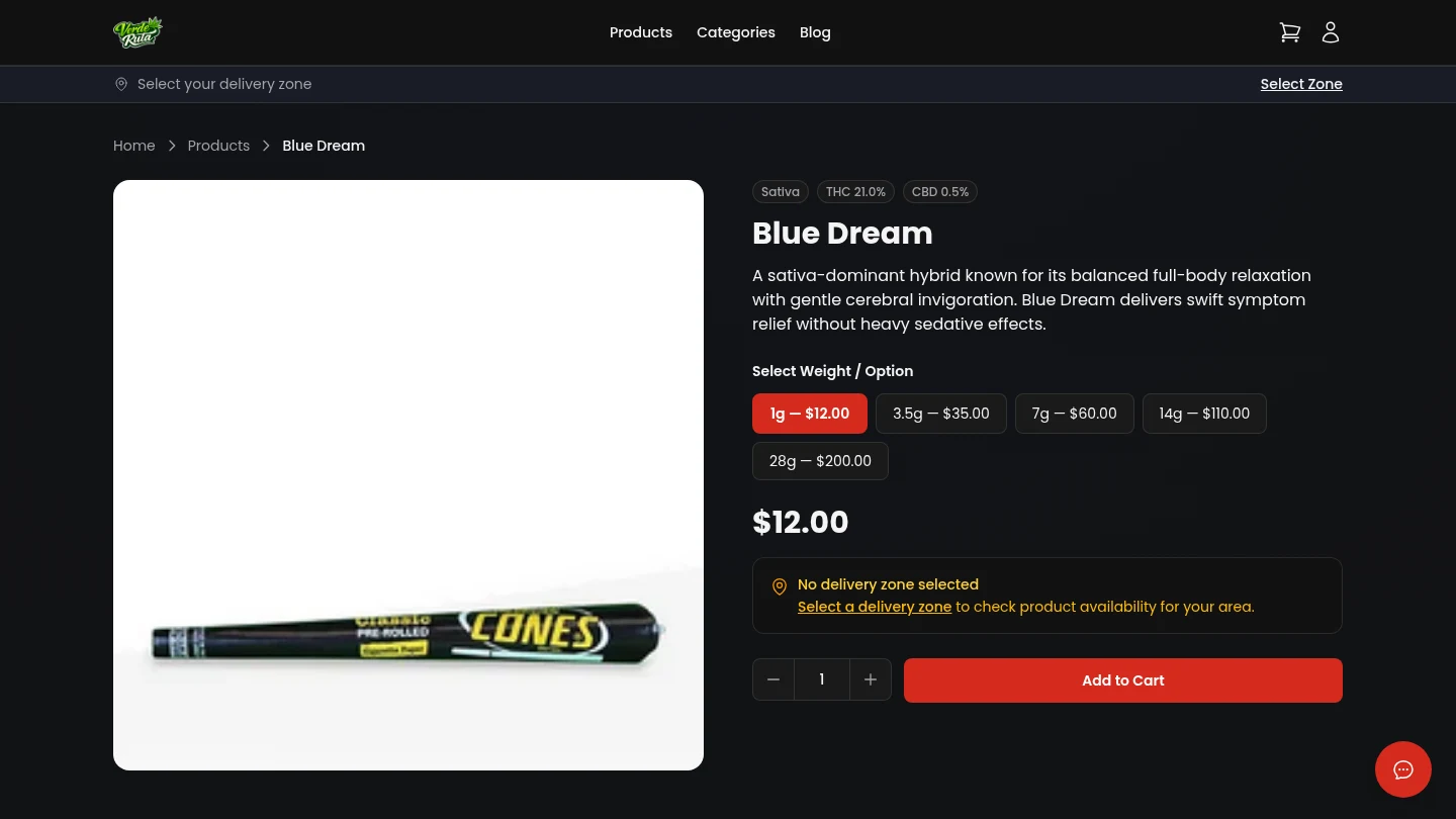 DabDash product detail page for Blue Dream with strain info and variation selector