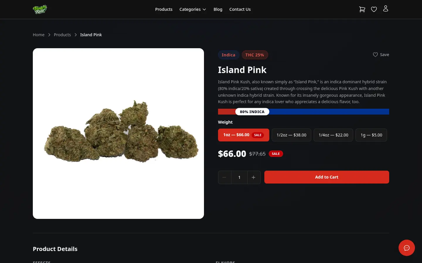 DabDash product detail page showing strain facts, variation picker, and product images